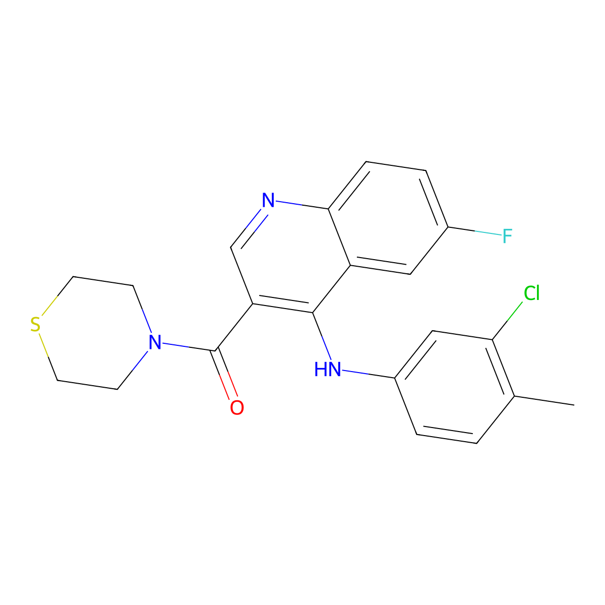 (4-((3-Chloro-4-methylphenyl)amino)-6-fluoroquinolin-3-yl)(thiomorpholino)methanone molecular structure, CAS 1358945-36-4