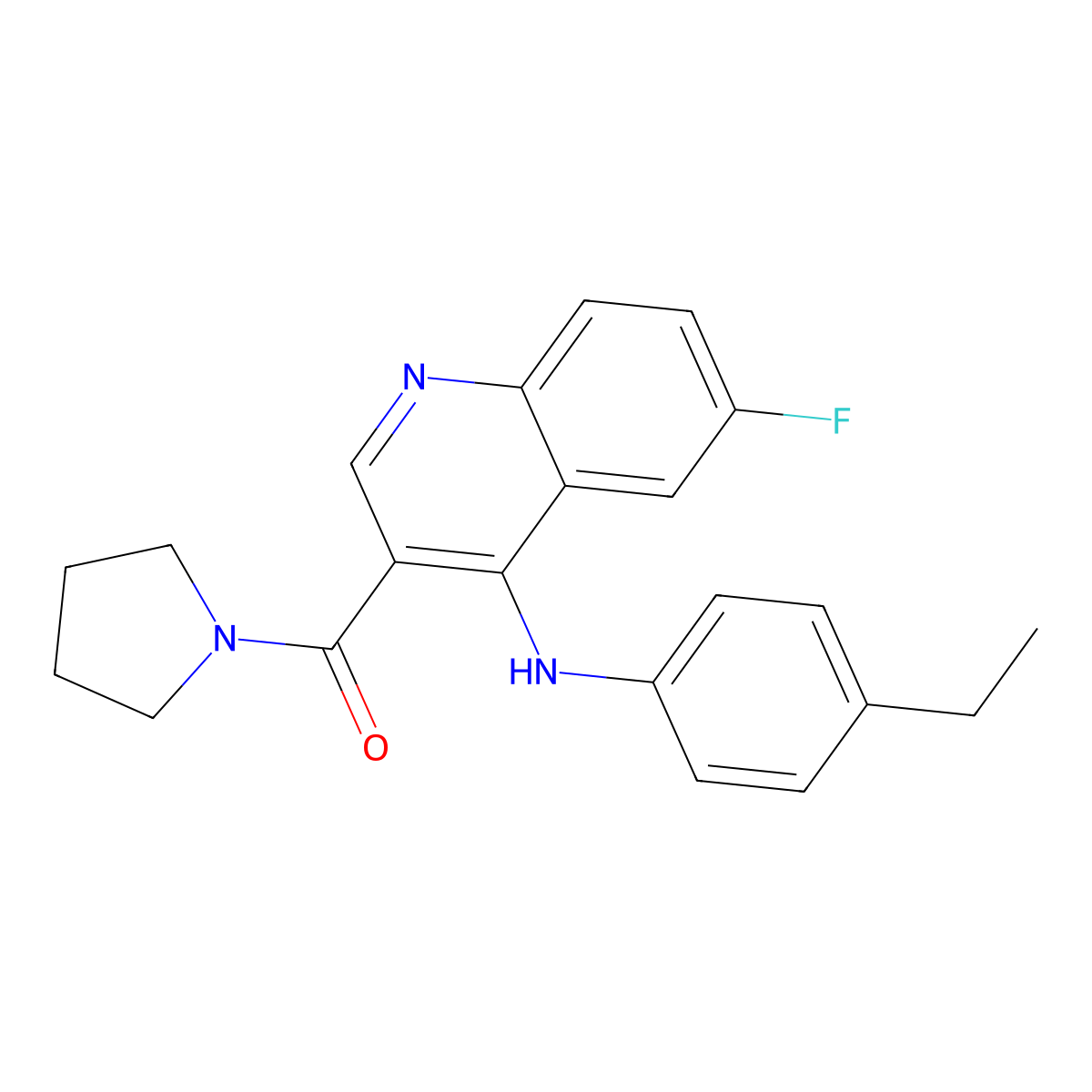 (4-((4-Ethylphenyl)amino)-6-fluoroquinolin-3-yl)(pyrrolidin-1-yl)methanone molecular structure, CAS 1358945-86-4