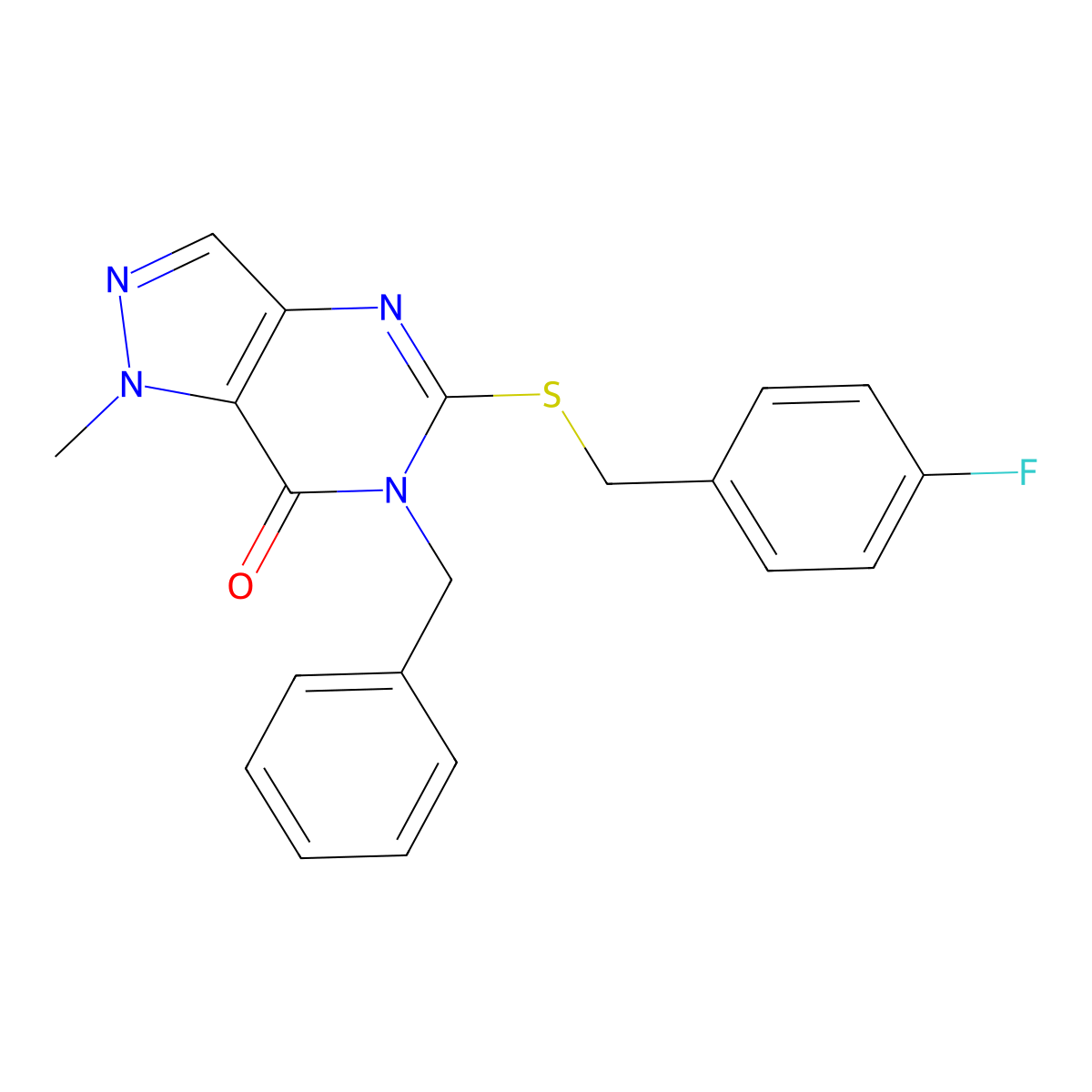 6-benzyl-5-((4-fluorobenzyl)thio)-1-methyl-1H-pyrazolo[4,3-d]pyrimidin-7(6H)-one molecular structure, CAS 1358946-99-2
