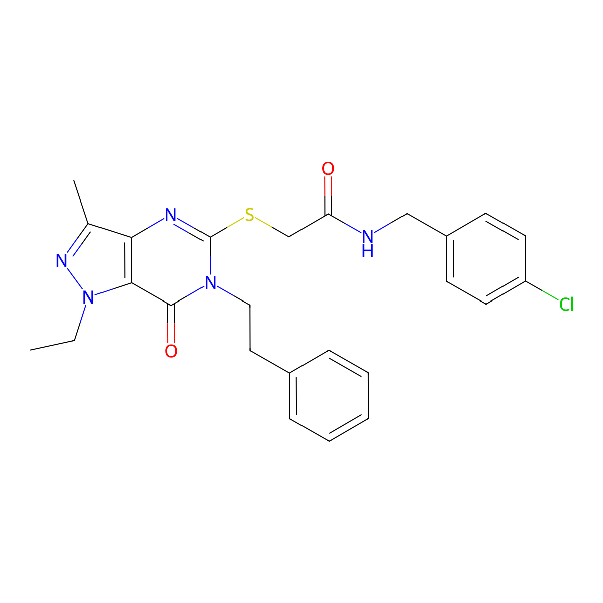 N-[(4-chlorophenyl)methyl]-2-{[1-ethyl-3-methyl-7-oxo-6-(2-phenylethyl)-1H,6H,7H-pyrazolo[4,3-d]pyrimidin-5-yl]sulfanyl}acetamide molecular structure, CAS 1358947-22-4