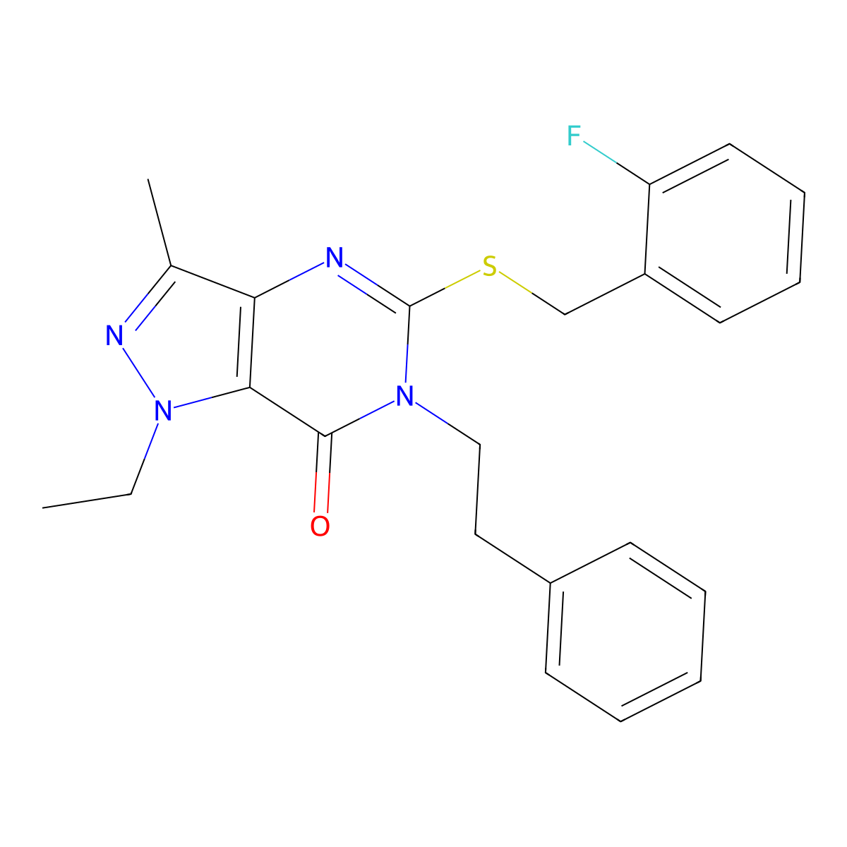 1-ethyl-5-((2-fluorobenzyl)thio)-3-methyl-6-phenethyl-1H-pyrazolo[4,3-d]pyrimidin-7(6H)-one molecular structure, CAS 1358947-34-8