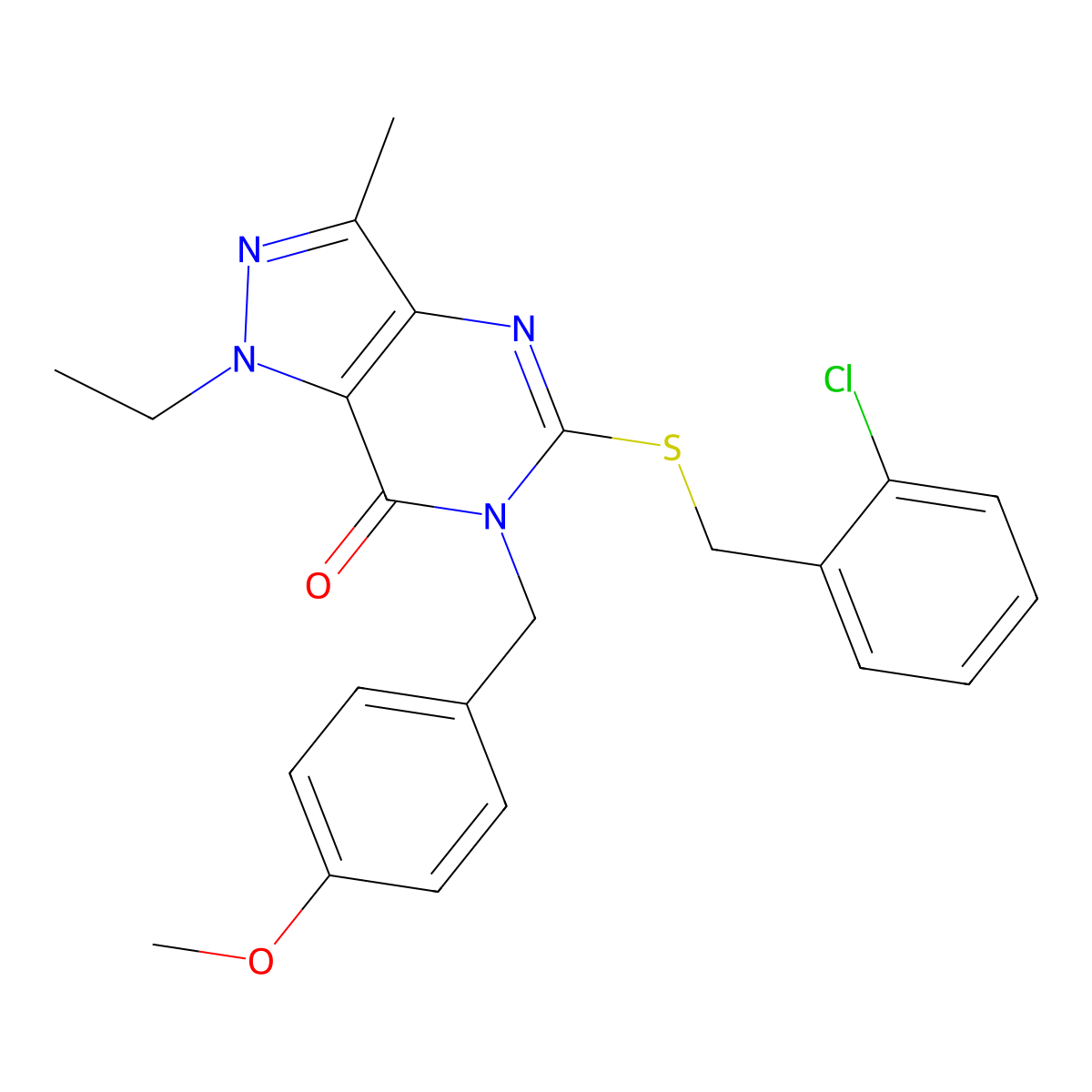 5-{[(2-chlorophenyl)methyl]sulfanyl}-1-ethyl-6-[(4-methoxyphenyl)methyl]-3-methyl-1H,6H,7H-pyrazolo[4,3-d]pyrimidin-7-one molecular structure, CAS 1358947-59-7