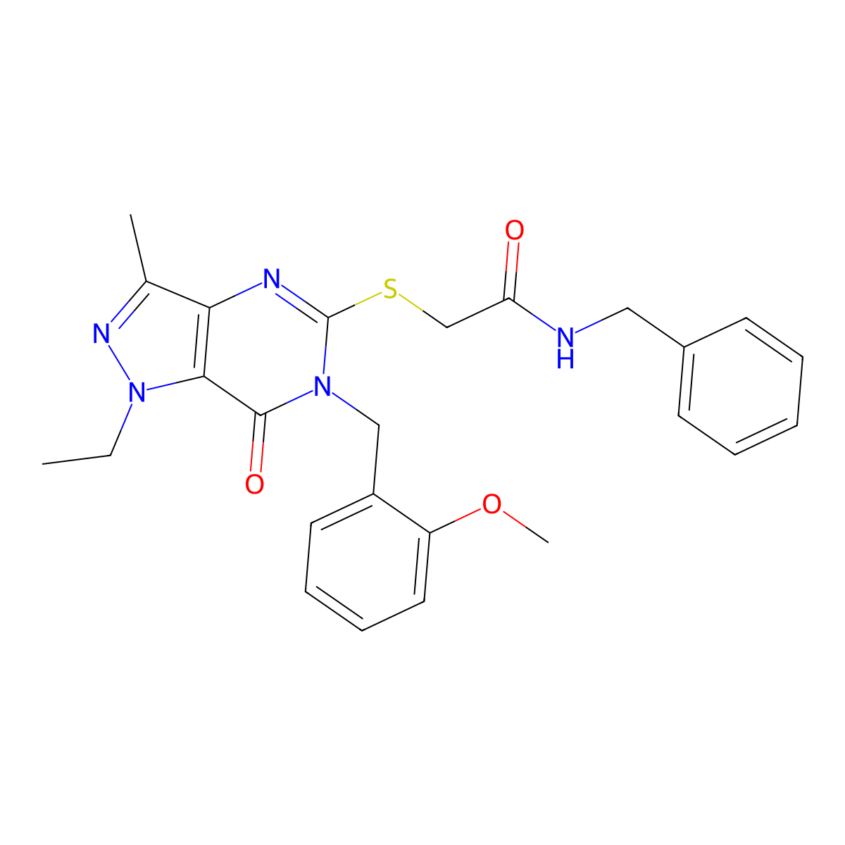 N-benzyl-2-((1-ethyl-6-(2-methoxybenzyl)-3-methyl-7-oxo-6,7-dihydro-1H-pyrazolo[4,3-d]pyrimidin-5-yl)thio)acetamide molecular structure, CAS 1358947-69-9