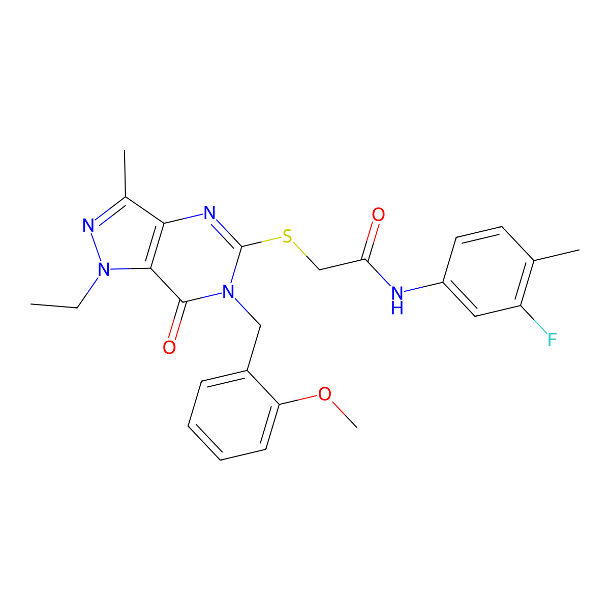 2-((1-ethyl-6-(2-methoxybenzyl)-3-methyl-7-oxo-6,7-dihydro-1H-pyrazolo[4,3-d]pyrimidin-5-yl)thio)-N-(3-fluoro-4-methylphenyl)acetamide molecular structure, CAS 1358947-76-8
