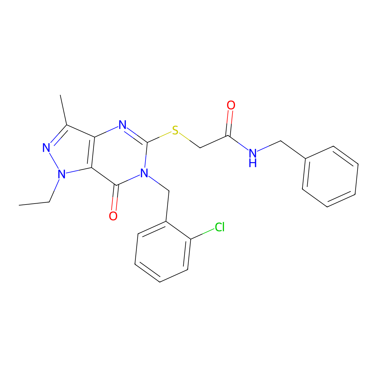 N-benzyl-2-({6-[(2-chlorophenyl)methyl]-1-ethyl-3-methyl-7-oxo-1H,6H,7H-pyrazolo[4,3-d]pyrimidin-5-yl}sulfanyl)acetamide molecular structure, CAS 1358947-94-0