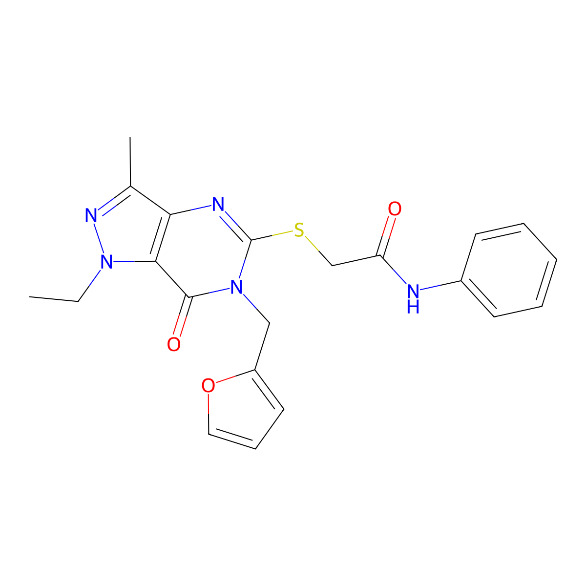 2-((1-ethyl-6-(furan-2-ylmethyl)-3-methyl-7-oxo-6,7-dihydro-1H-pyrazolo[4,3-d]pyrimidin-5-yl)thio)-N-phenylacetamide molecular structure, CAS 1358948-03-4