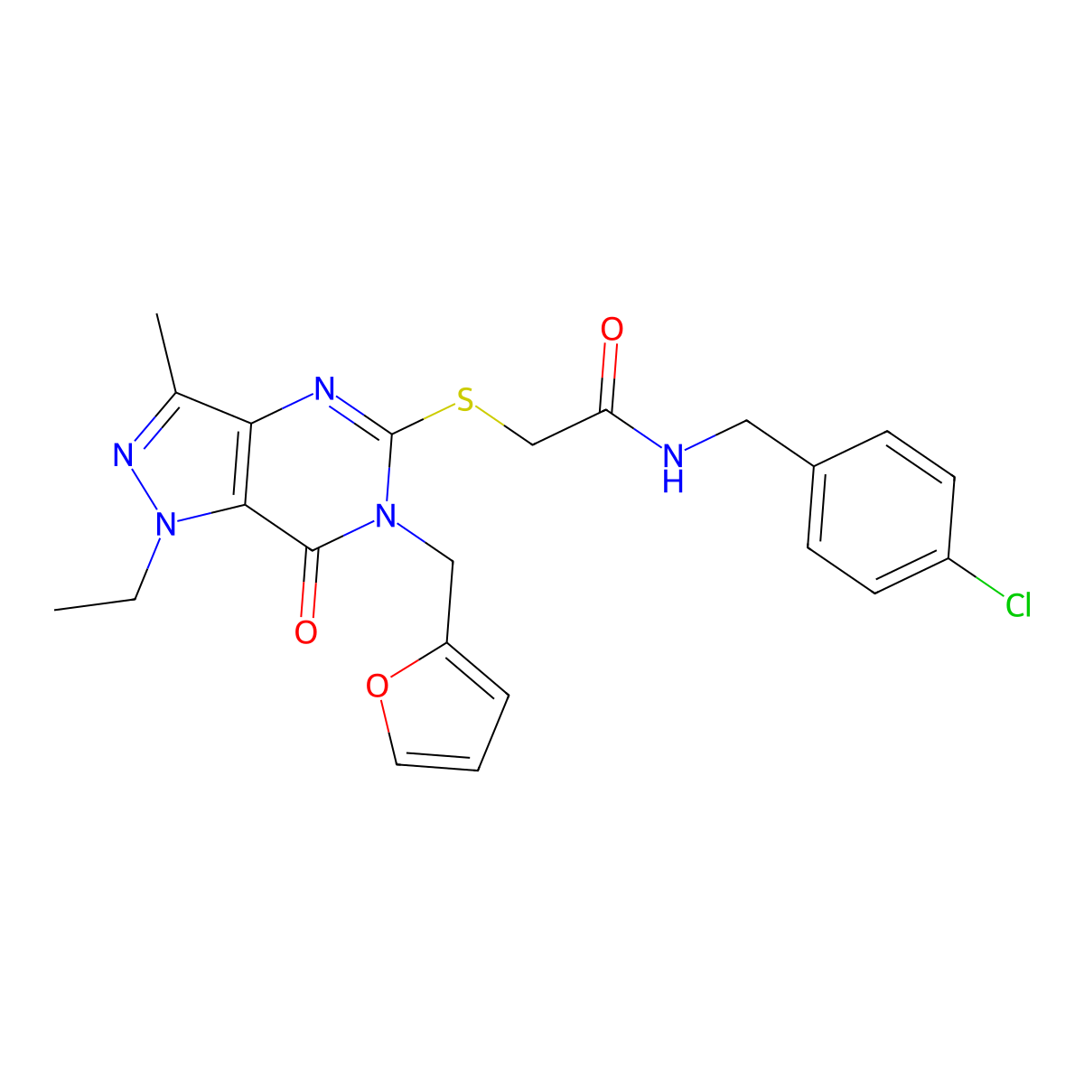 N-[(4-chlorophenyl)methyl]-2-({1-ethyl-6-[(furan-2-yl)methyl]-3-methyl-7-oxo-1H,6H,7H-pyrazolo[4,3-d]pyrimidin-5-yl}sulfanyl)acetamide molecular structure, CAS 1358948-11-4