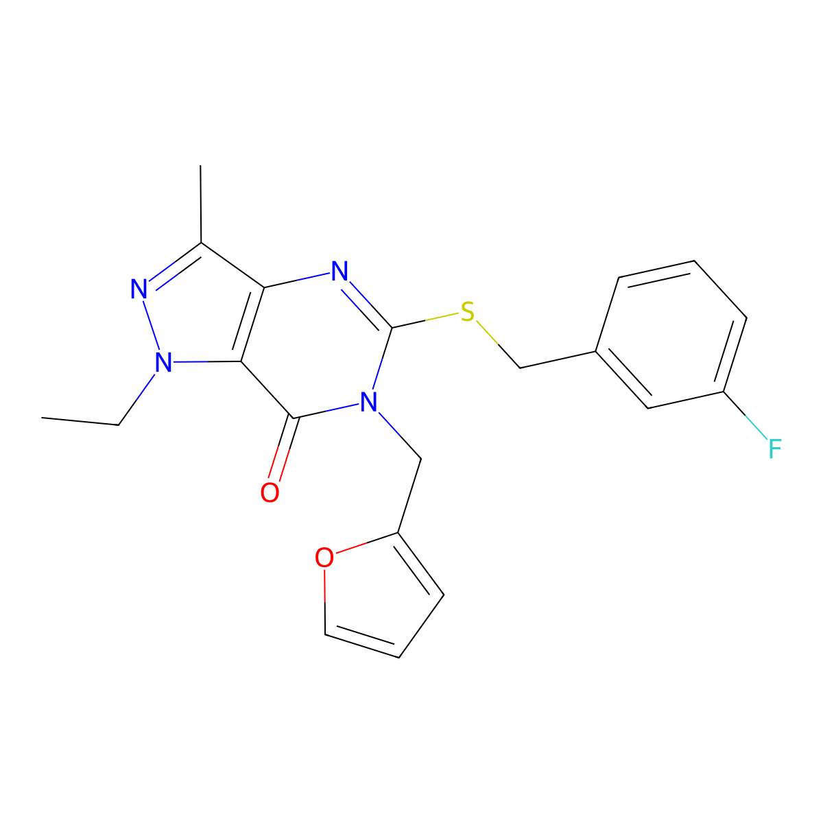 1-ethyl-5-((3-fluorobenzyl)thio)-6-(furan-2-ylmethyl)-3-methyl-1H-pyrazolo[4,3-d]pyrimidin-7(6H)-one molecular structure, CAS 1358948-19-2