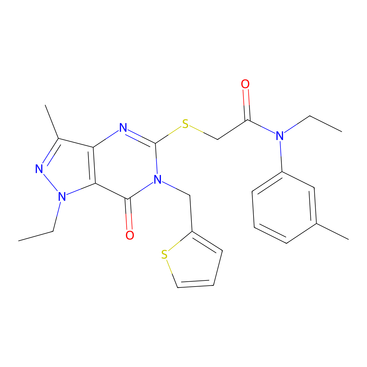 N-ethyl-2-({1-ethyl-3-methyl-7-oxo-6-[(thiophen-2-yl)methyl]-1H,6H,7H-pyrazolo[4,3-d]pyrimidin-5-yl}sulfanyl)-N-(3-methylphenyl)acetamide molecular structure, CAS 1358948-25-0
