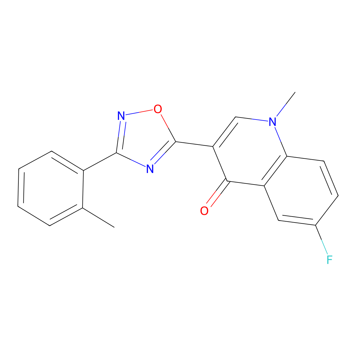 6-fluoro-1-methyl-3-(3-(o-tolyl)-1,2,4-oxadiazol-5-yl)quinolin-4(1H)-one molecular structure, CAS 1358956-94-1