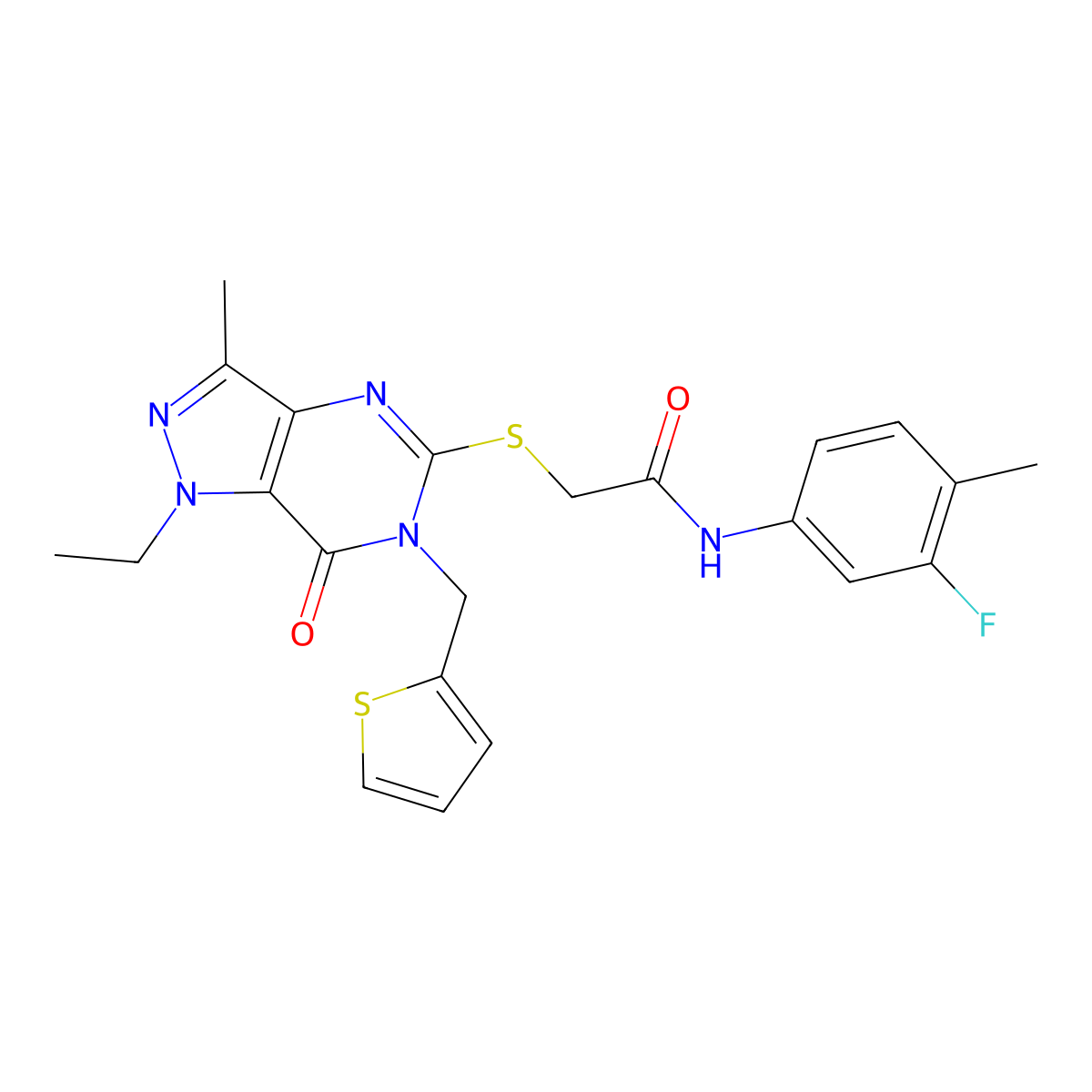 2-((1-ethyl-3-methyl-7-oxo-6-(thiophen-2-ylmethyl)-6,7-dihydro-1H-pyrazolo[4,3-d]pyrimidin-5-yl)thio)-N-(3-fluoro-4-methylphenyl)acetamide molecular structure, CAS 1358957-07-9