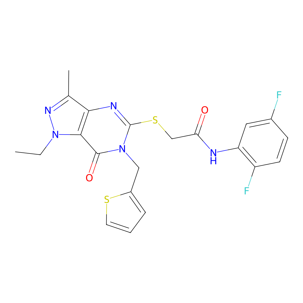 N-(2,5-difluorophenyl)-2-({1-ethyl-3-methyl-7-oxo-6-[(thiophen-2-yl)methyl]-1H,6H,7H-pyrazolo[4,3-d]pyrimidin-5-yl}sulfanyl)acetamide molecular structure, CAS 1358957-14-8