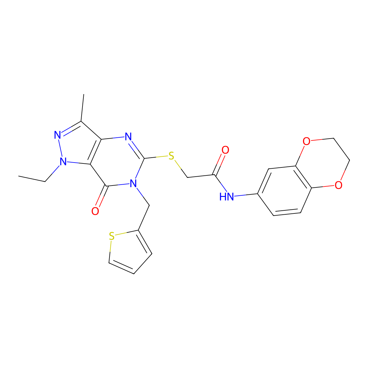 N-(2,3-dihydrobenzo[b][1,4]dioxin-6-yl)-2-((1-ethyl-3-methyl-7-oxo-6-(thiophen-2-ylmethyl)-6,7-dihydro-1H-pyrazolo[4,3-d]pyrimidin-5-yl)thio)acetamide molecular structure, CAS 1358957-29-5