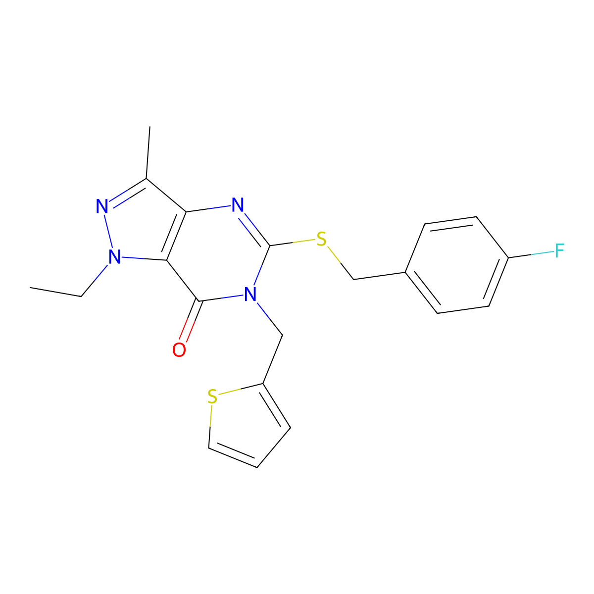 1-ethyl-5-((4-fluorobenzyl)thio)-3-methyl-6-(thiophen-2-ylmethyl)-1H-pyrazolo[4,3-d]pyrimidin-7(6H)-one molecular structure, CAS 1358957-56-8