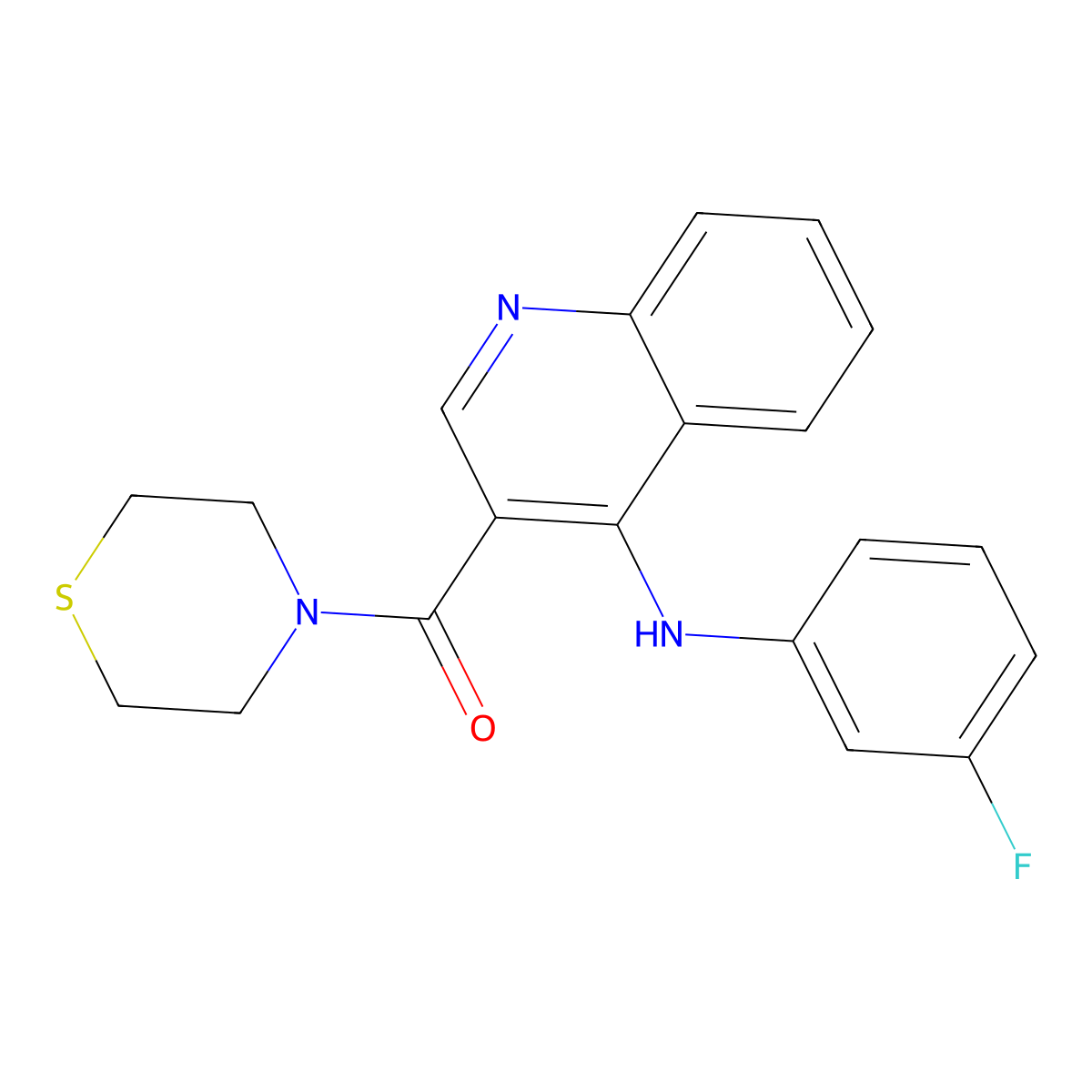 (4-((3-Fluorophenyl)amino)quinolin-3-yl)(thiomorpholino)methanone molecular structure, CAS 1358982-36-1