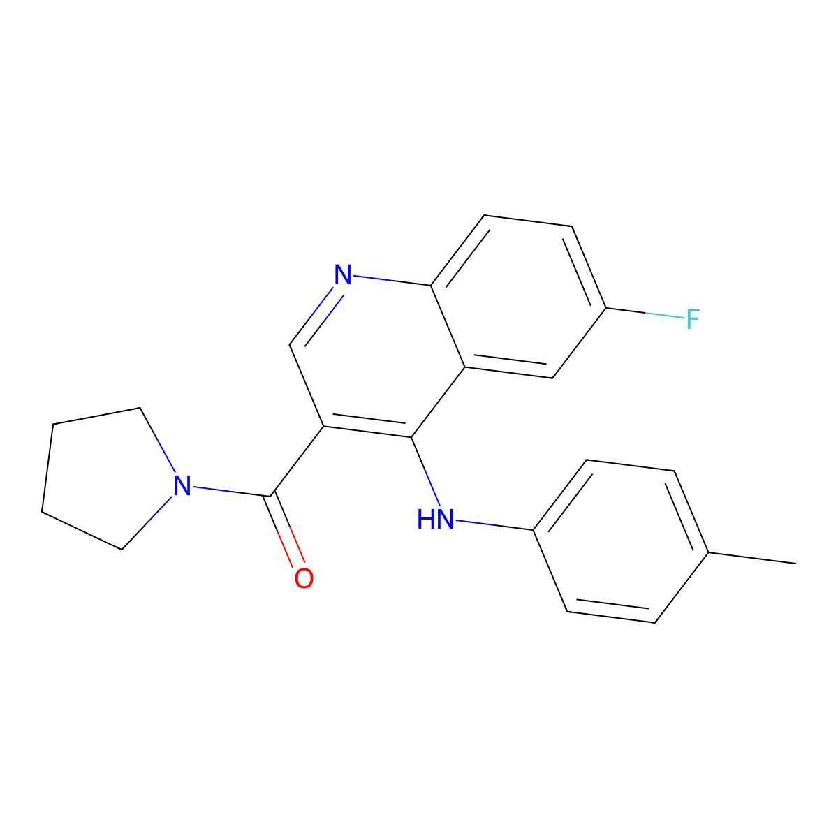 (6-Fluoro-4-(p-tolylamino)quinolin-3-yl)(pyrrolidin-1-yl)methanone molecular structure, CAS 1358983-24-0