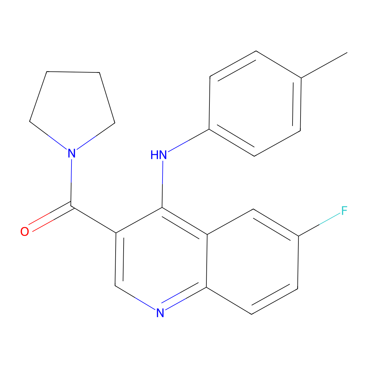 (6-Fluoro-4-(p-tolylamino)quinolin-3-yl)(pyrrolidin-1-yl)methanone molecular structure, CAS 1358983-24-0