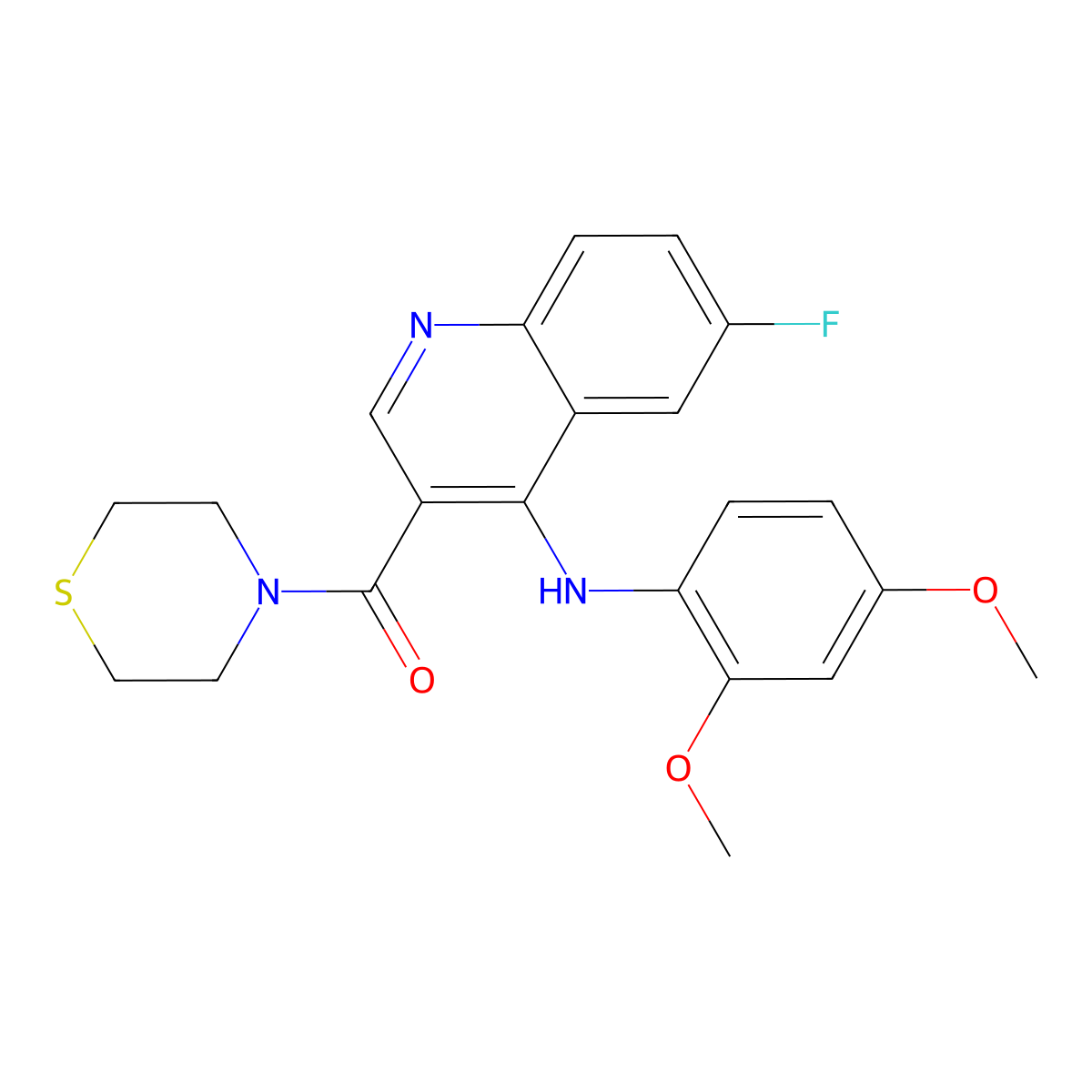 (4-((2,4-Dimethoxyphenyl)amino)-6-fluoroquinolin-3-yl)(thiomorpholino)methanone molecular structure, CAS 1358984-30-1