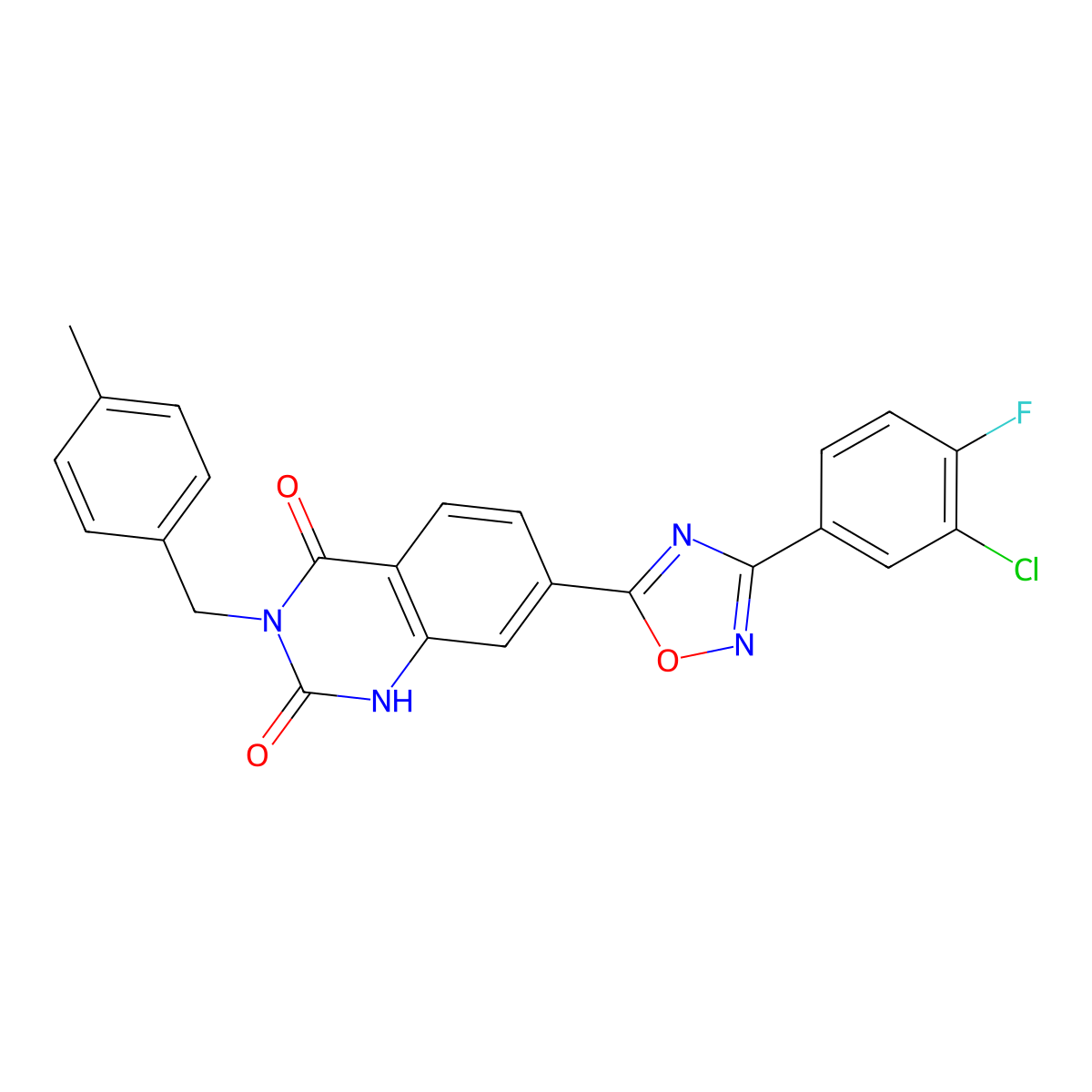 7-(3-(3-chloro-4-fluorophenyl)-1,2,4-oxadiazol-5-yl)-3-(4-methylbenzyl)quinazoline-2,4(1H,3H)-dione molecular structure, CAS 1358984-34-5