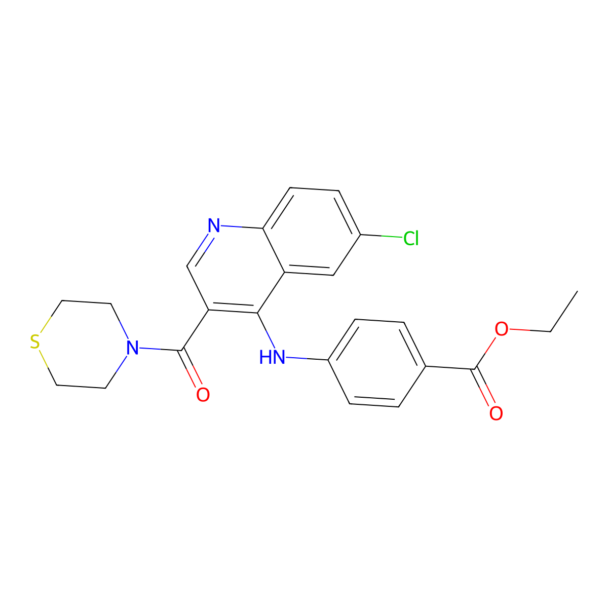 Ethyl 4-{[6-chloro-3-(thiomorpholine-4-carbonyl)quinolin-4-YL]amino}benzoate molecular structure, CAS 1358984-36-7