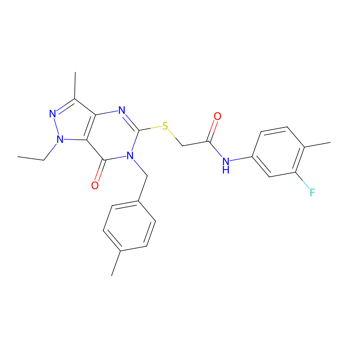 2-({1-ethyl-3-methyl-6-[(4-methylphenyl)methyl]-7-oxo-1H,6H,7H-pyrazolo[4,3-d]pyrimidin-5-yl}sulfanyl)-N-(3-fluoro-4-methylphenyl)acetamide molecular structure, CAS 1358984-41-4