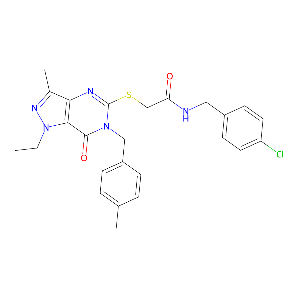 N-(4-chlorobenzyl)-2-((1-ethyl-3-methyl-6-(4-methylbenzyl)-7-oxo-6,7-dihydro-1H-pyrazolo[4,3-d]pyrimidin-5-yl)thio)acetamide molecular structure, CAS 1358984-52-7