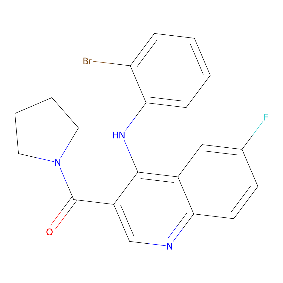 (4-((2-Bromophenyl)amino)-6-fluoroquinolin-3-yl)(pyrrolidin-1-yl)methanone molecular structure, CAS 1358984-61-8