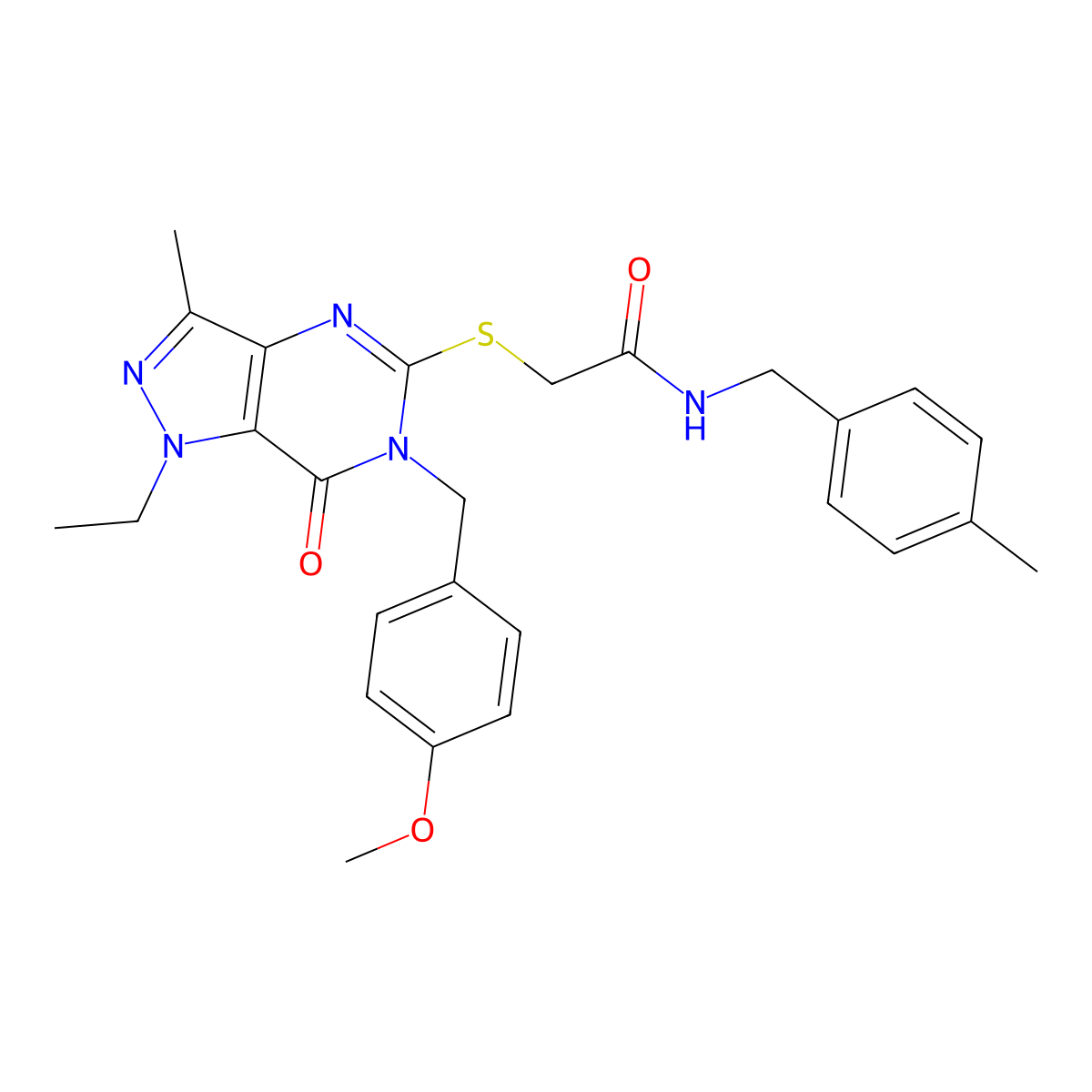 2-({1-ethyl-6-[(4-methoxyphenyl)methyl]-3-methyl-7-oxo-1H,6H,7H-pyrazolo[4,3-d]pyrimidin-5-yl}sulfanyl)-N-[(4-methylphenyl)methyl]acetamide molecular structure, CAS 1358984-96-9