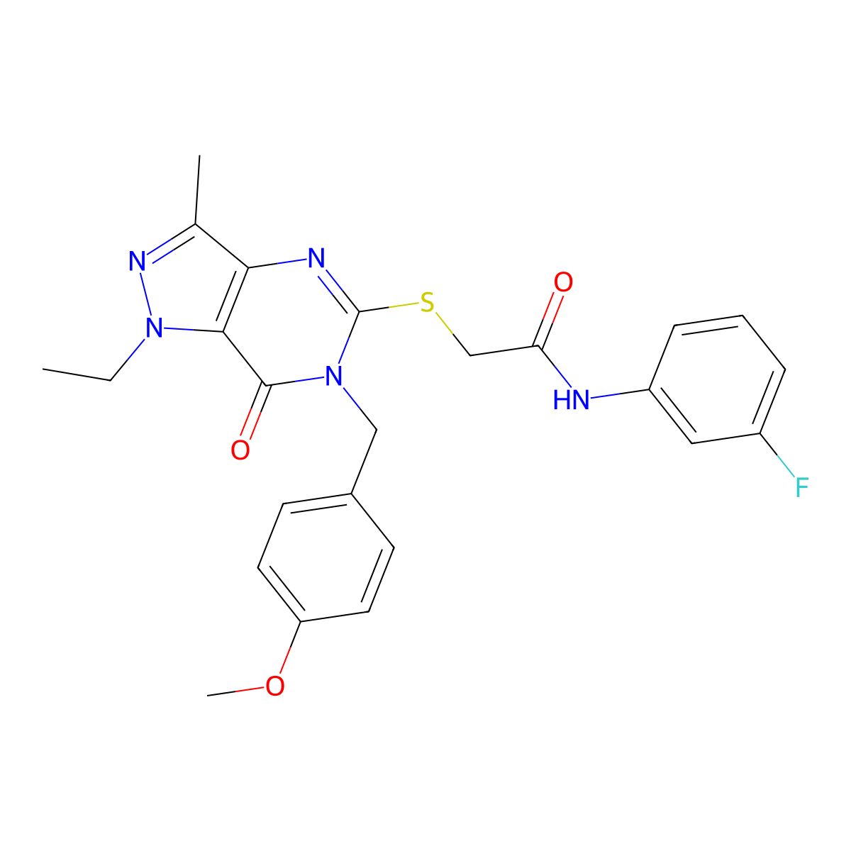 2-((1-ethyl-6-(4-methoxybenzyl)-3-methyl-7-oxo-6,7-dihydro-1H-pyrazolo[4,3-d]pyrimidin-5-yl)thio)-N-(3-fluorophenyl)acetamide molecular structure, CAS 1358985-00-8