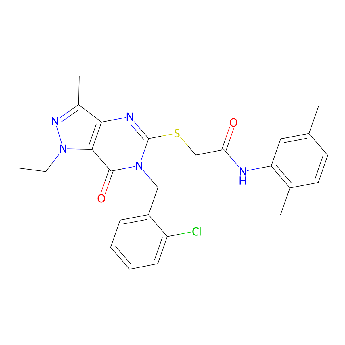 2-({6-[(2-chlorophenyl)methyl]-1-ethyl-3-methyl-7-oxo-1H,6H,7H-pyrazolo[4,3-d]pyrimidin-5-yl}sulfanyl)-N-(2,5-dimethylphenyl)acetamide molecular structure, CAS 1358985-36-0