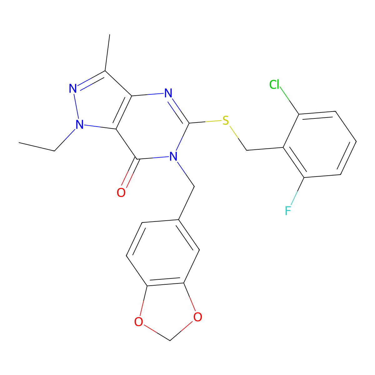 6-(1,3-benzodioxol-5-ylmethyl)-5-[(2-chloro-6-fluorobenzyl)sulfanyl]-1-ethyl-3-methyl-1,6-dihydro-7H-pyrazolo[4,3-d]pyrimidin-7-one molecular structure, CAS 1358985-54-2