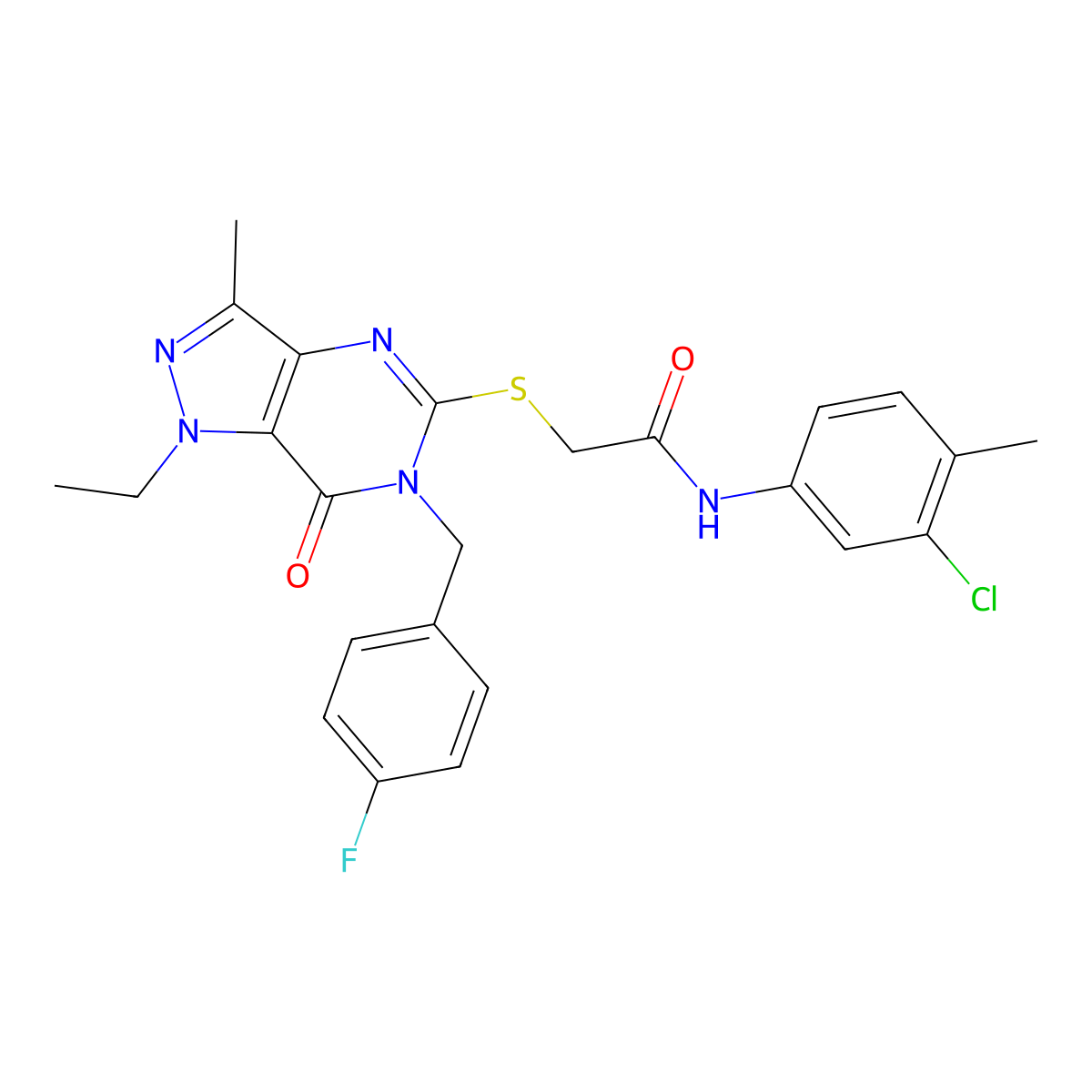 N-(3-chloro-4-methylphenyl)-2-((1-ethyl-6-(4-fluorobenzyl)-3-methyl-7-oxo-6,7-dihydro-1H-pyrazolo[4,3-d]pyrimidin-5-yl)thio)acetamide molecular structure, CAS 1358985-61-1