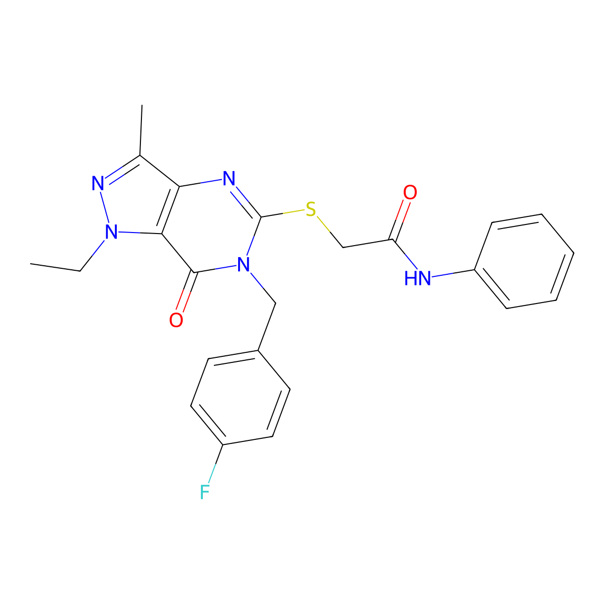 2-{[1-ethyl-6-(4-fluorobenzyl)-3-methyl-7-oxo-6,7-dihydro-1H-pyrazolo[4,3-d]pyrimidin-5-yl]sulfanyl}-N~1~-phenylacetamide molecular structure, CAS 1358985-71-3