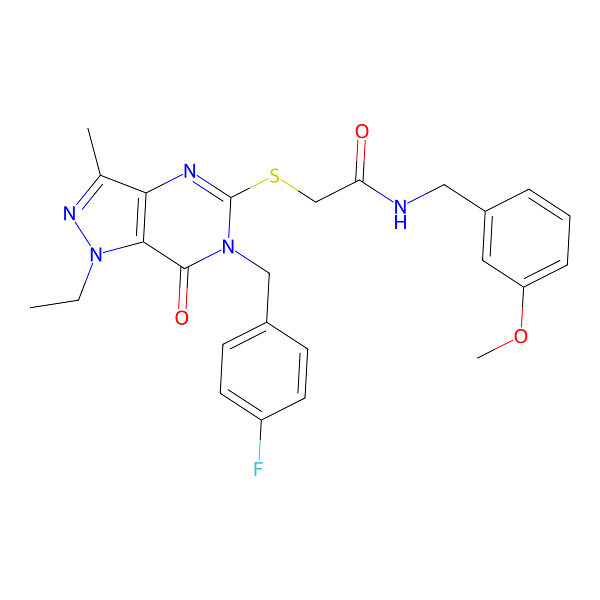 2-({1-ethyl-6-[(4-fluorophenyl)methyl]-3-methyl-7-oxo-1H,6H,7H-pyrazolo[4,3-d]pyrimidin-5-yl}sulfanyl)-N-[(3-methoxyphenyl)methyl]acetamide molecular structure, CAS 1358985-76-8