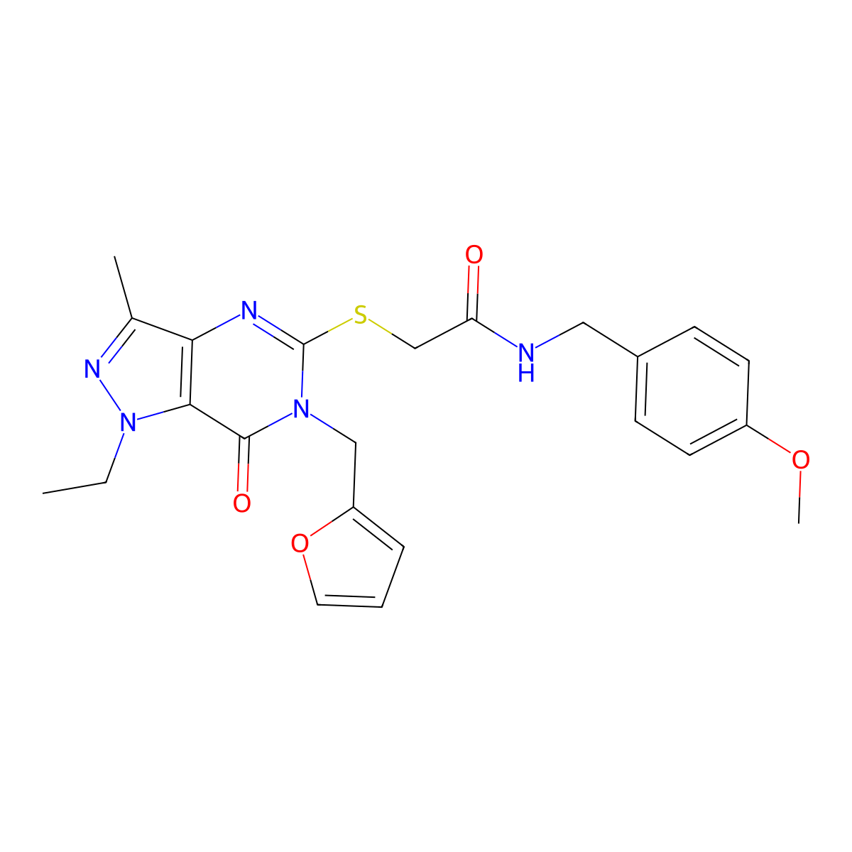 2-((1-ethyl-6-(furan-2-ylmethyl)-3-methyl-7-oxo-6,7-dihydro-1H-pyrazolo[4,3-d]pyrimidin-5-yl)thio)-N-(4-methoxybenzyl)acetamide molecular structure, CAS 1358986-25-0
