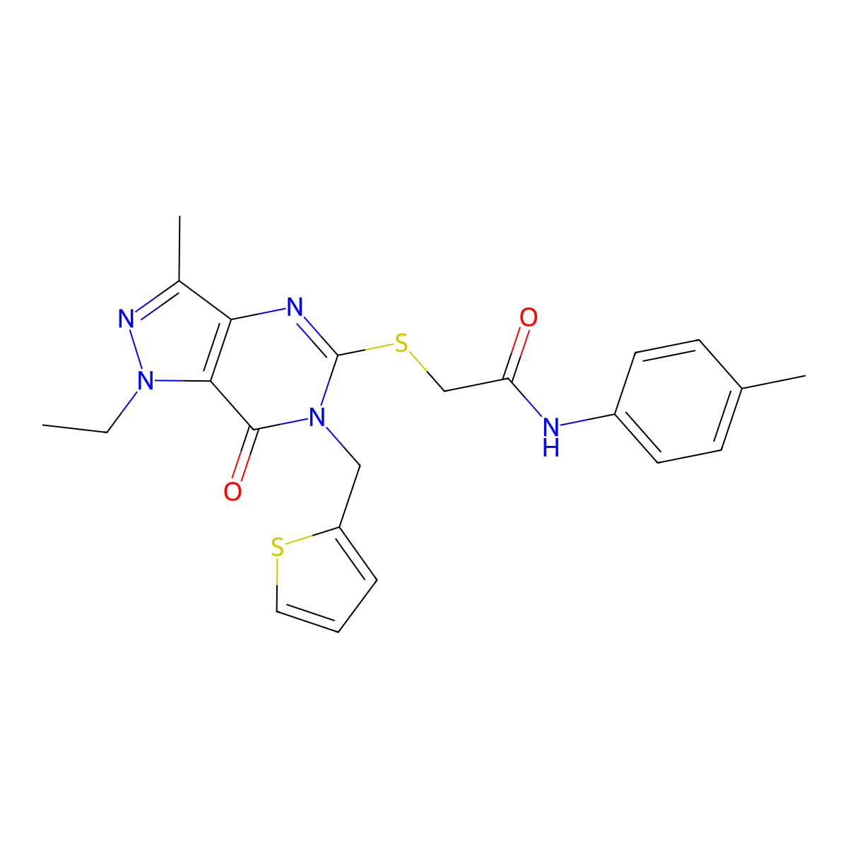 2-({1-ethyl-3-methyl-7-oxo-6-[(thiophen-2-yl)methyl]-1H,6H,7H-pyrazolo[4,3-d]pyrimidin-5-yl}sulfanyl)-N-(4-methylphenyl)acetamide molecular structure, CAS 1358986-37-4