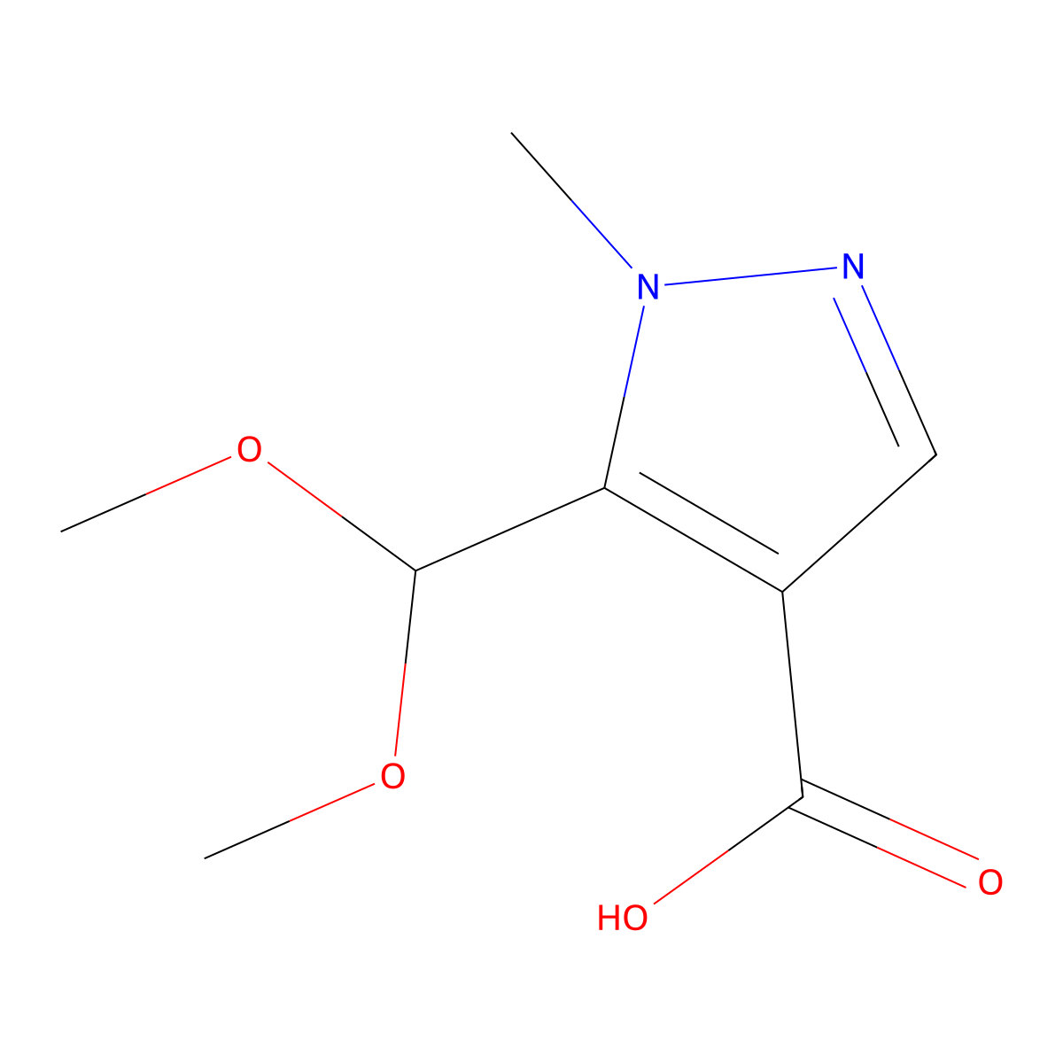 5-(dimethoxymethyl)-1-methyl-1H-pyrazole-4-carboxylic acid molecular structure, CAS 1359029-83-6