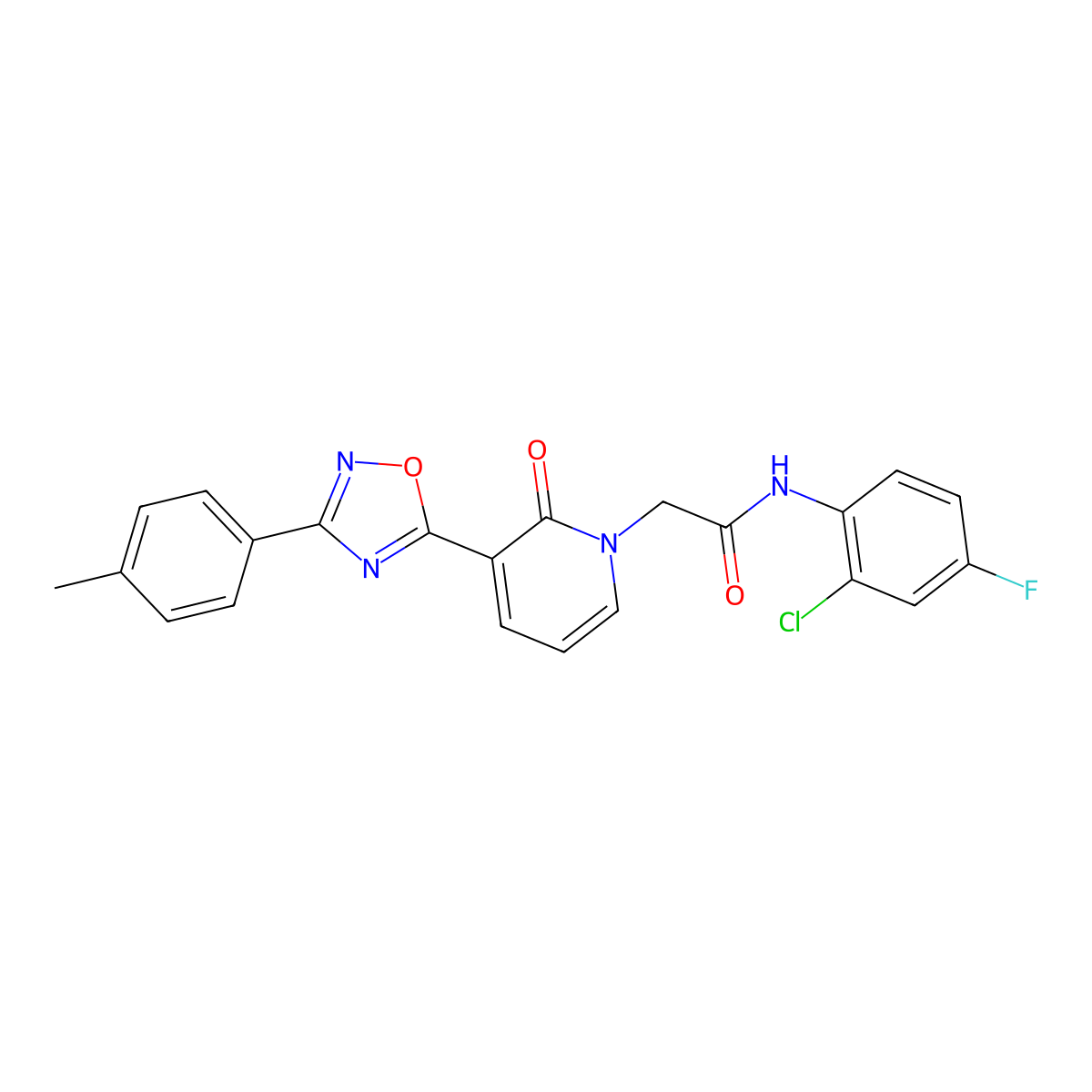 N-(2-chloro-4-fluorophenyl)-2-(2-oxo-3-(3-(p-tolyl)-1,2,4-oxadiazol-5-yl)pyridin-1(2H)-yl)acetamide molecular structure, CAS 1359031-45-0