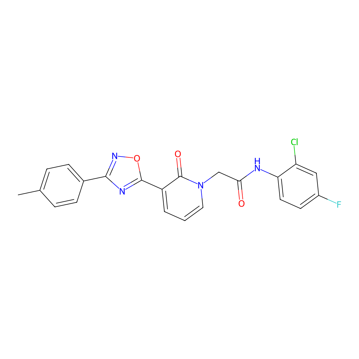 N-(2-chloro-4-fluorophenyl)-2-(2-oxo-3-(3-(p-tolyl)-1,2,4-oxadiazol-5-yl)pyridin-1(2H)-yl)acetamide molecular structure, CAS 1359031-45-0