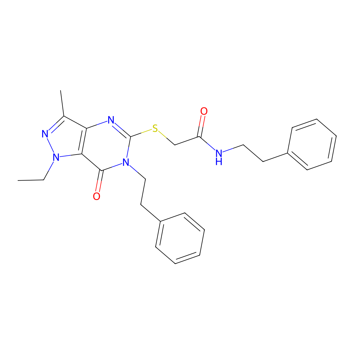 2-((1-ethyl-3-methyl-7-oxo-6-phenethyl-6,7-dihydro-1H-pyrazolo[4,3-d]pyrimidin-5-yl)thio)-N-phenethylacetamide molecular structure, CAS 1359082-50-0