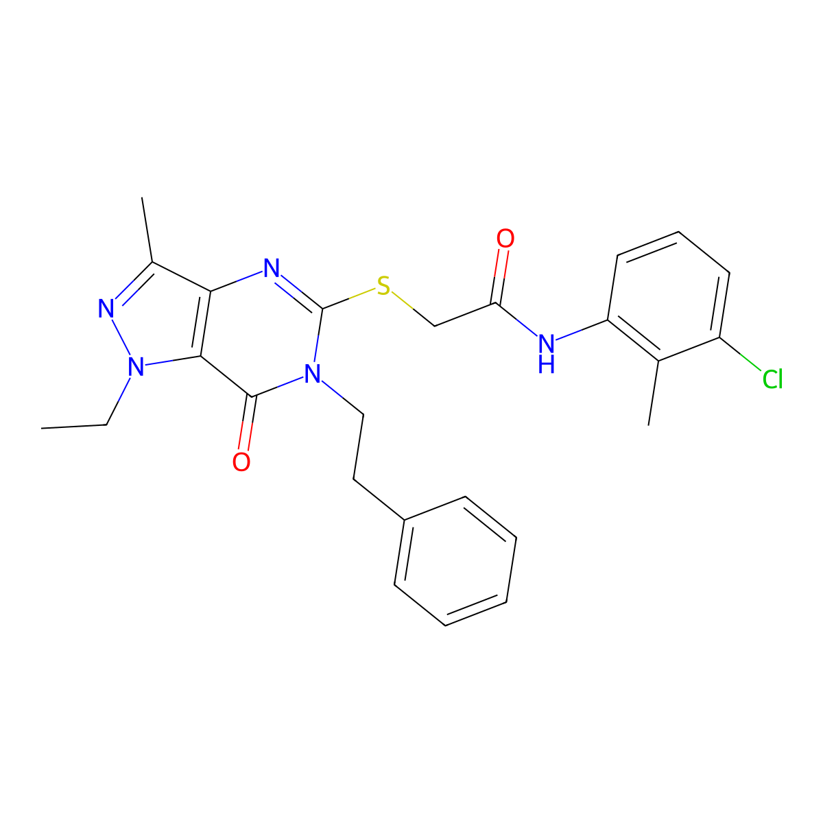 N-(3-chloro-2-methylphenyl)-2-((1-ethyl-3-methyl-7-oxo-6-phenethyl-6,7-dihydro-1H-pyrazolo[4,3-d]pyrimidin-5-yl)thio)acetamide molecular structure, CAS 1359082-70-4