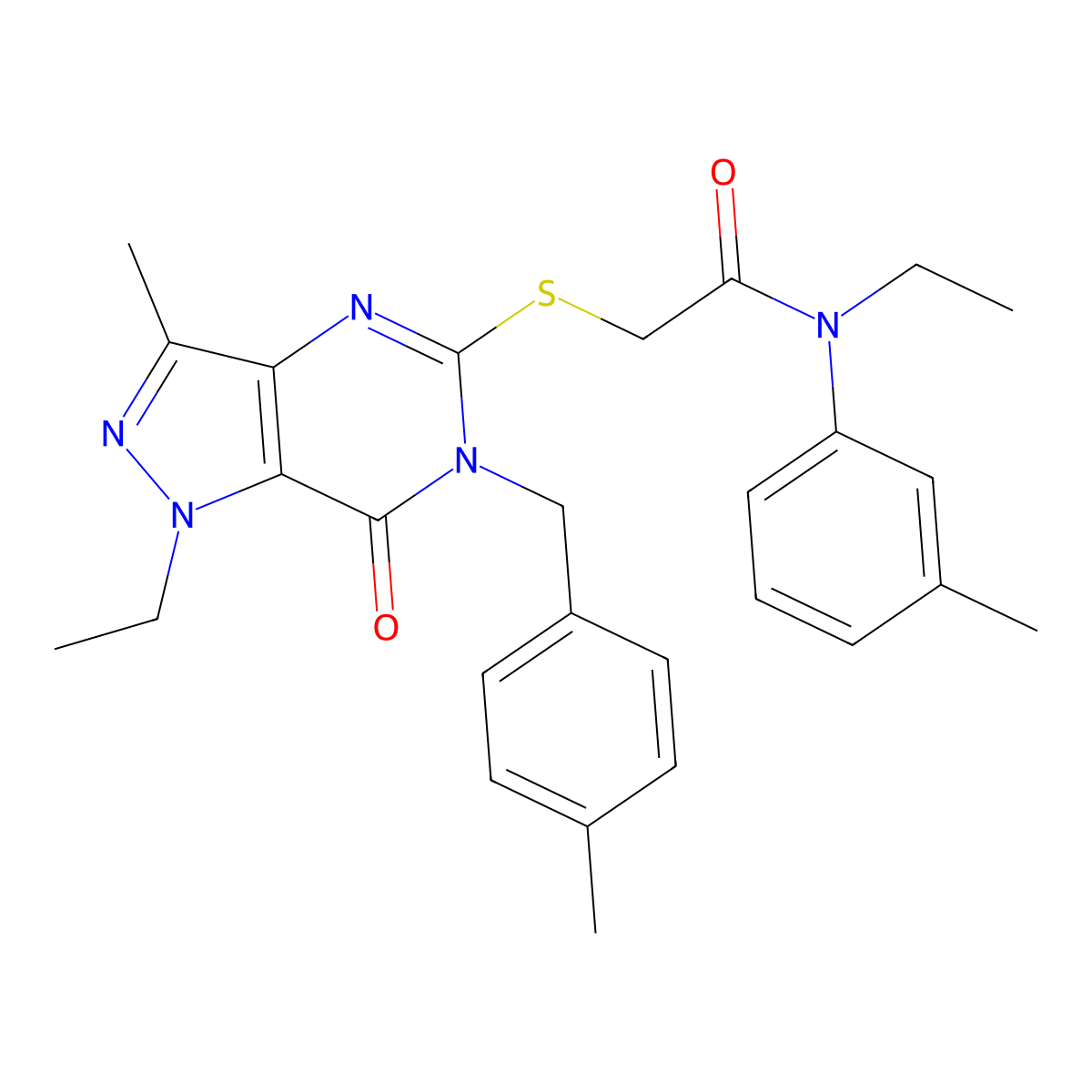 N-ethyl-2-((1-ethyl-3-methyl-6-(4-methylbenzyl)-7-oxo-6,7-dihydro-1H-pyrazolo[4,3-d]pyrimidin-5-yl)thio)-N-(m-tolyl)acetamide molecular structure, CAS 1359082-98-6