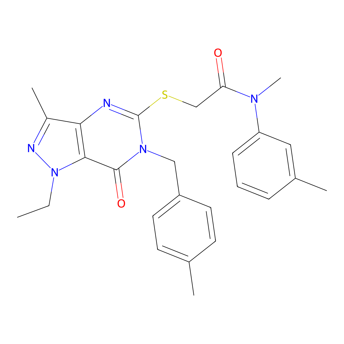 2-((1-ethyl-3-methyl-6-(4-methylbenzyl)-7-oxo-6,7-dihydro-1H-pyrazolo[4,3-d]pyrimidin-5-yl)thio)-N-methyl-N-(m-tolyl)acetamide molecular structure, CAS 1359083-23-0