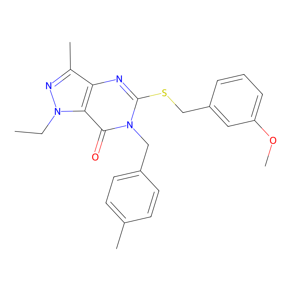 1-ethyl-5-((3-methoxybenzyl)thio)-3-methyl-6-(4-methylbenzyl)-1H-pyrazolo[4,3-d]pyrimidin-7(6H)-one molecular structure, CAS 1359083-33-2