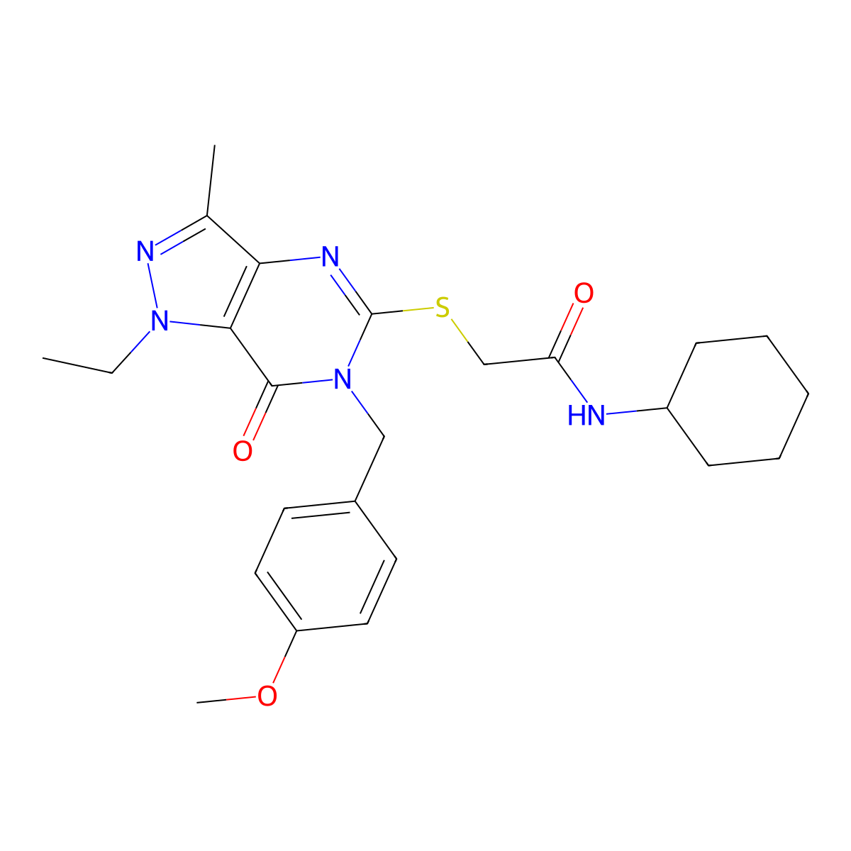 N-cyclohexyl-2-({1-ethyl-6-[(4-methoxyphenyl)methyl]-3-methyl-7-oxo-1H,6H,7H-pyrazolo[4,3-d]pyrimidin-5-yl}sulfanyl)acetamide molecular structure, CAS 1359083-57-0