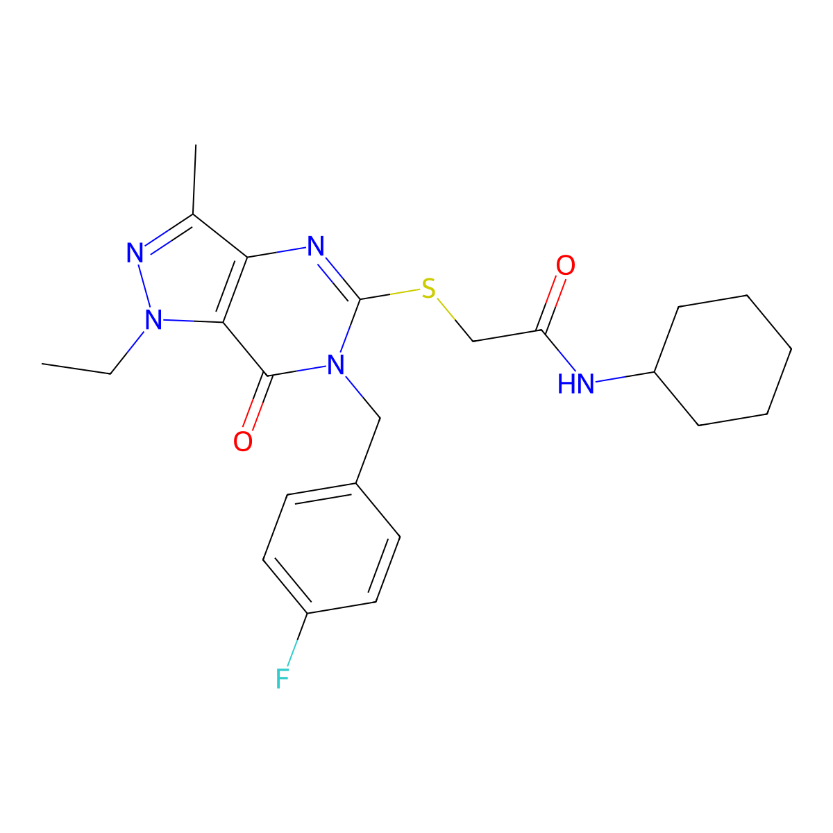 N-cyclohexyl-2-({1-ethyl-6-[(4-fluorophenyl)methyl]-3-methyl-7-oxo-1H,6H,7H-pyrazolo[4,3-d]pyrimidin-5-yl}sulfanyl)acetamide molecular structure, CAS 1359083-83-2