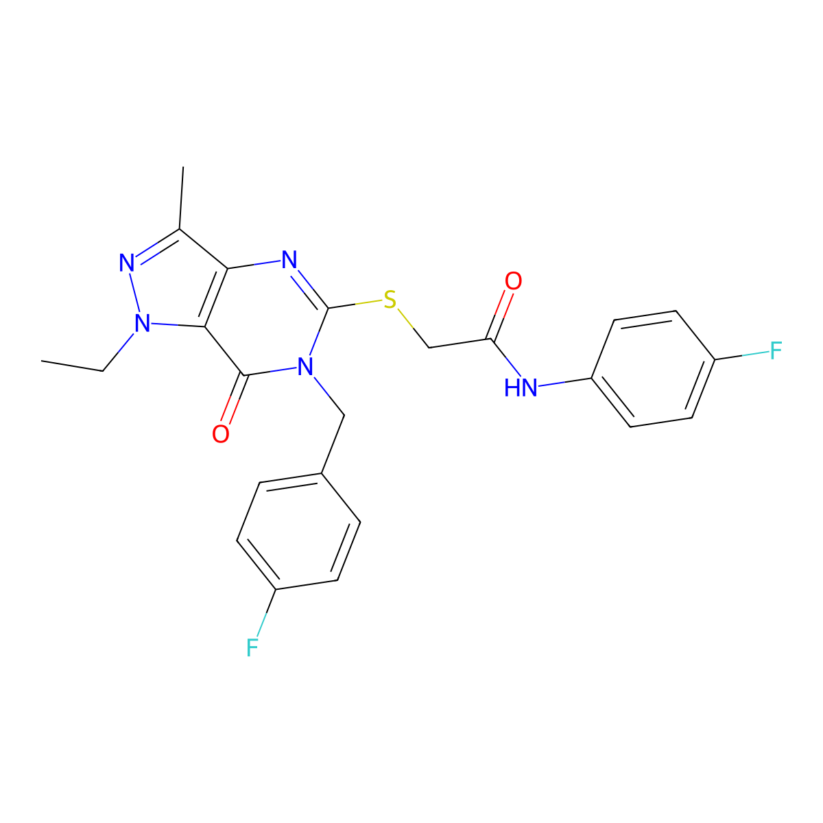 2-((1-ethyl-6-(4-fluorobenzyl)-3-methyl-7-oxo-6,7-dihydro-1H-pyrazolo[4,3-d]pyrimidin-5-yl)thio)-N-(4-fluorophenyl)acetamide molecular structure, CAS 1359083-91-2
