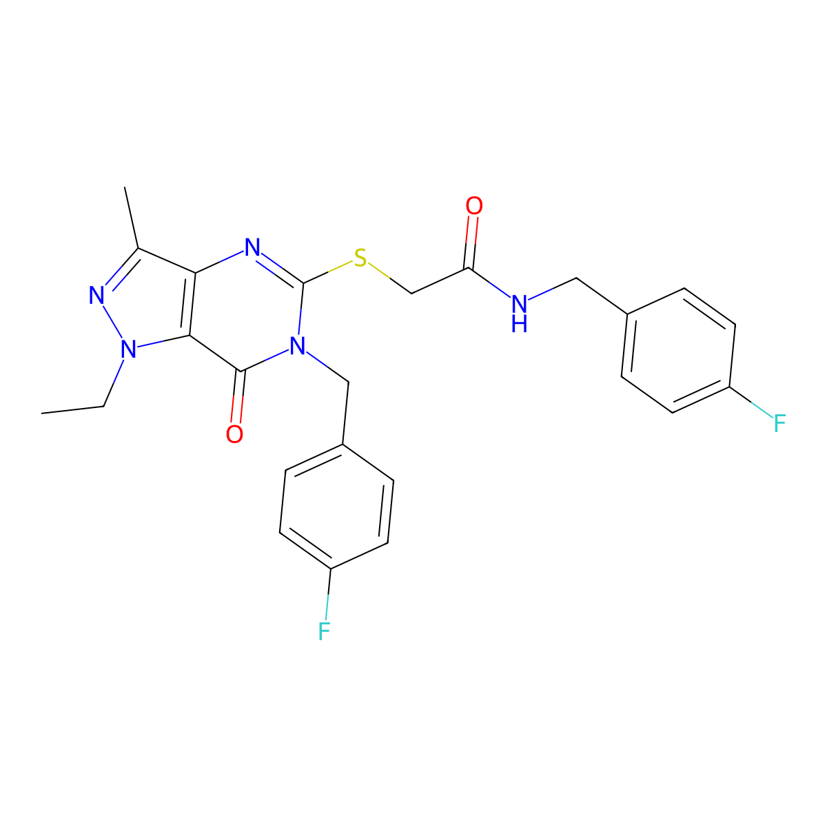2-({1-ethyl-6-[(4-fluorophenyl)methyl]-3-methyl-7-oxo-1H,6H,7H-pyrazolo[4,3-d]pyrimidin-5-yl}sulfanyl)-N-[(4-fluorophenyl)methyl]acetamide molecular structure, CAS 1359083-99-0