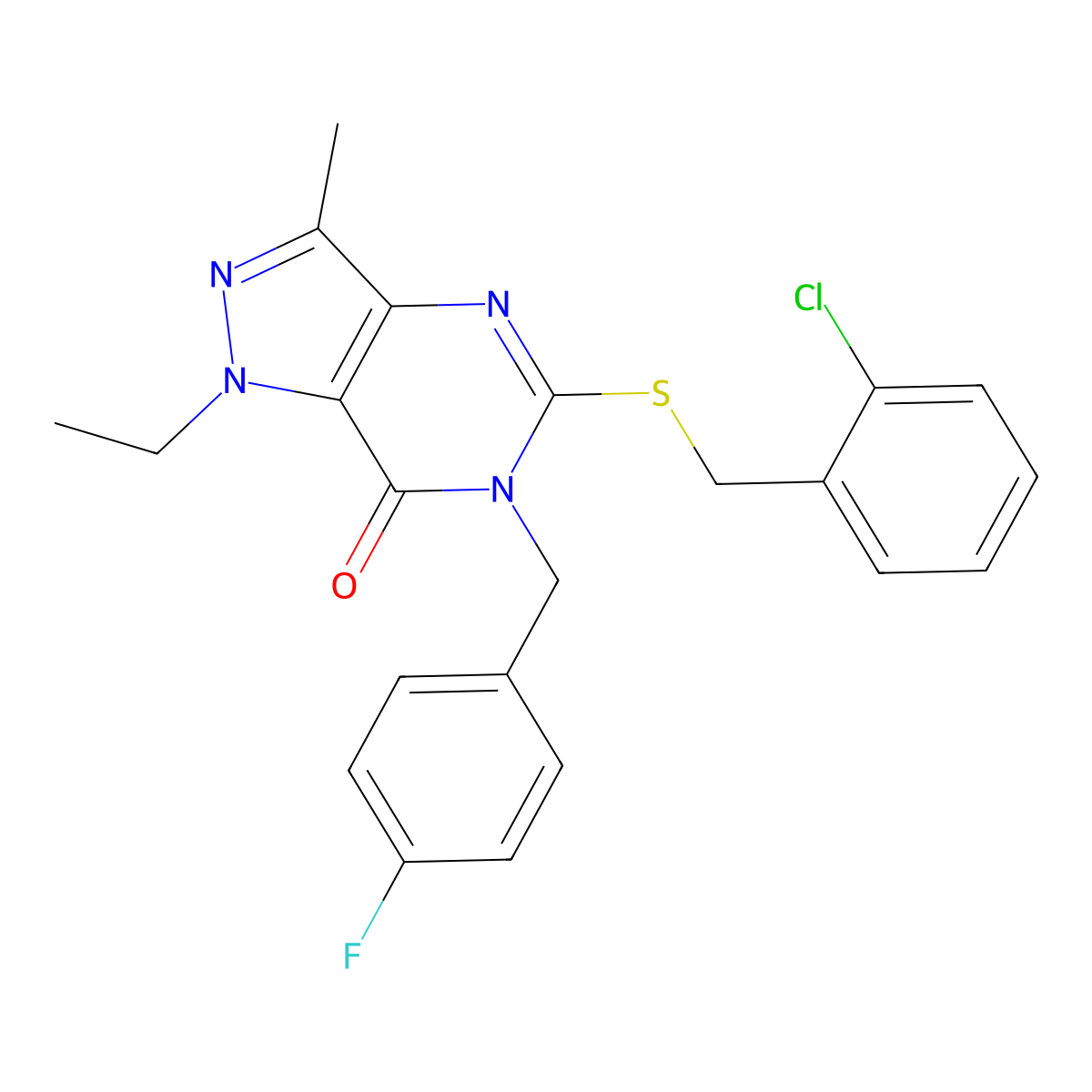 5-((2-chlorobenzyl)thio)-1-ethyl-6-(4-fluorobenzyl)-3-methyl-1H-pyrazolo[4,3-d]pyrimidin-7(6H)-one molecular structure, CAS 1359084-05-1