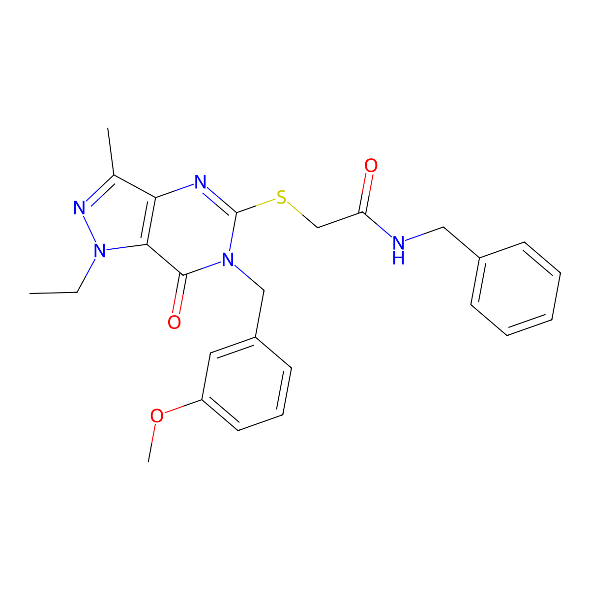 N-benzyl-2-({1-ethyl-6-[(3-methoxyphenyl)methyl]-3-methyl-7-oxo-1H,6H,7H-pyrazolo[4,3-d]pyrimidin-5-yl}sulfanyl)acetamide molecular structure, CAS 1359084-14-2